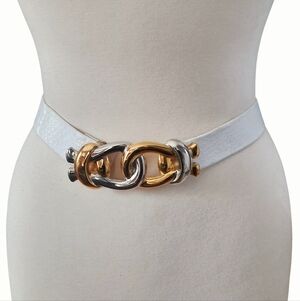 Vtg DOTTY SMITH White Snake Embossed Belt w/Gold & Silver Links Buckle O/S